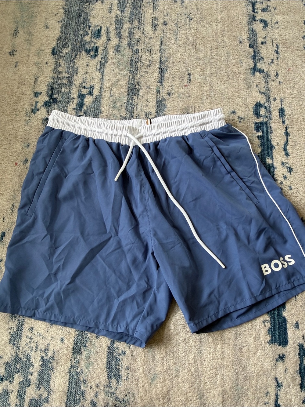 BOSS Blue Swim Trunks with White Waistband